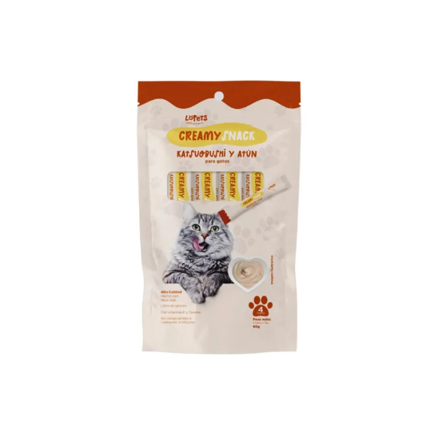 Creamy Snack Gato Katsuob-Atún 4 x 15 g con taurina y sin granos